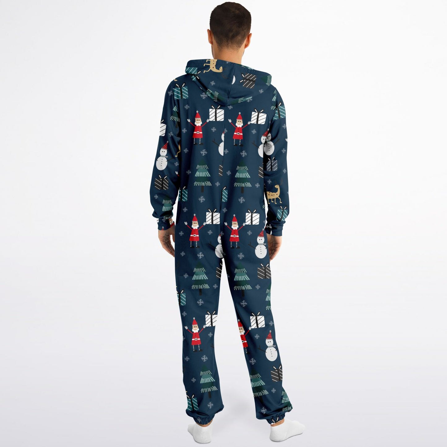 Santa & Friends Holiday Adult Jumpsuit, Unisex Athletic Blue Onesie One-Piece PJs - HolidayShoppingFinds