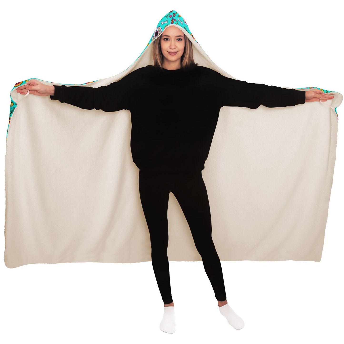 Turquoise Sugar Skull Hooded Blanket, Day of the Dead, Halloween Hooded Blanket - HolidayShoppingFinds