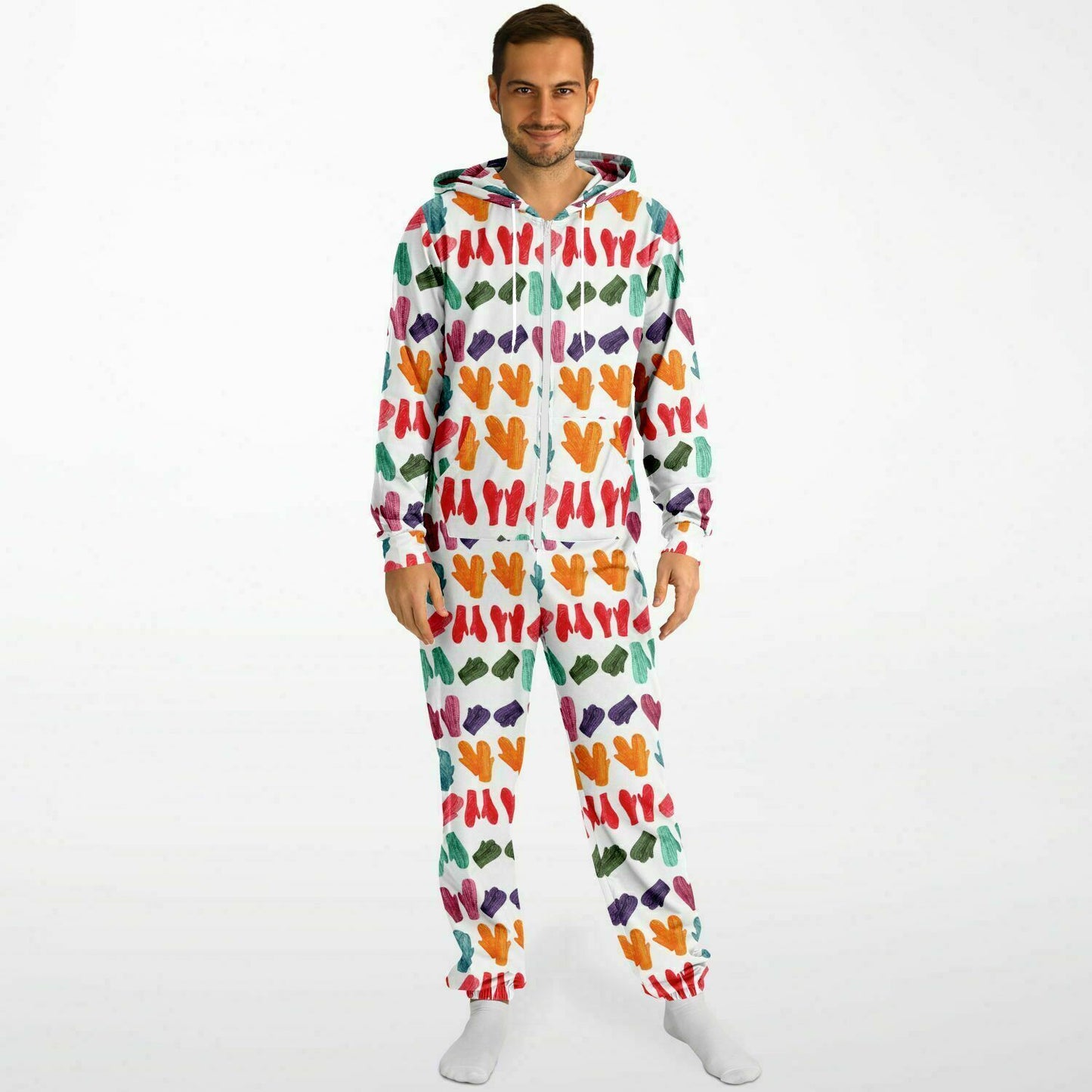 Vintage Colorful Mitten Pattern Adult Jumpsuit White Athletic Onesie Unisex PJ - HolidayShoppingFinds