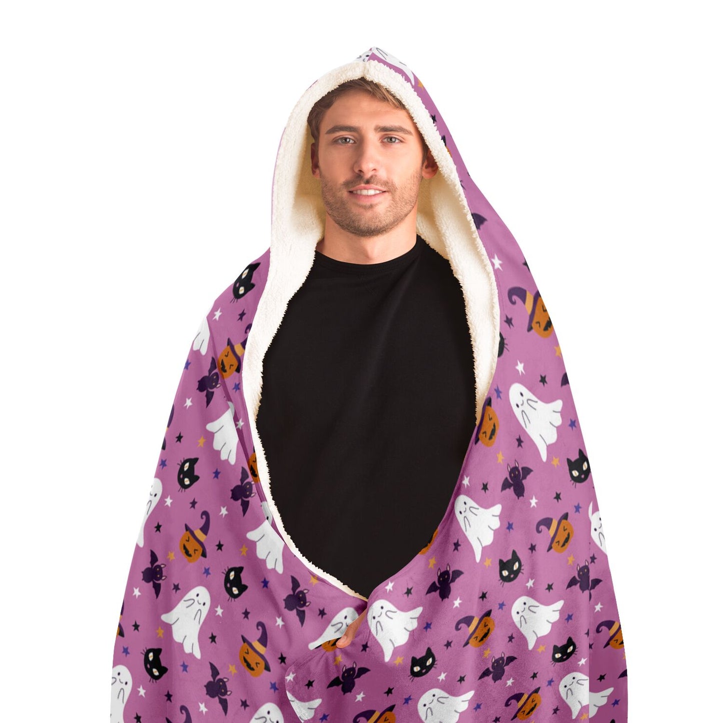 Cute Pink Halloween Hooded Blanket, Spooky Ghosts, Black Cats, Pumpkins & Bats - HolidayShoppingFinds