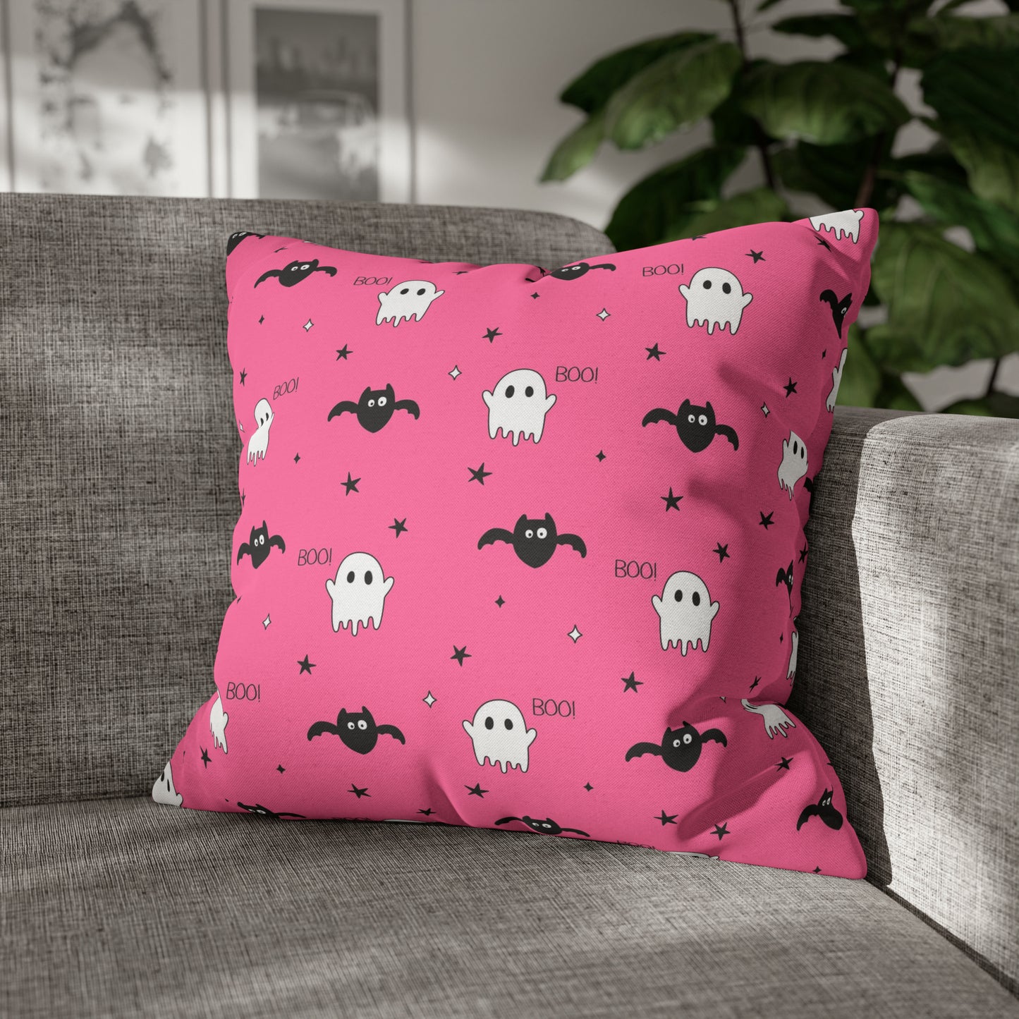 BOO Ghost Bat Pillowcase,Halloween Ghost Bat Pillow Pink, Cute Spooky Pillow Cover, Square Pillow, 2-Sided Pillow - HolidayShoppingFinds