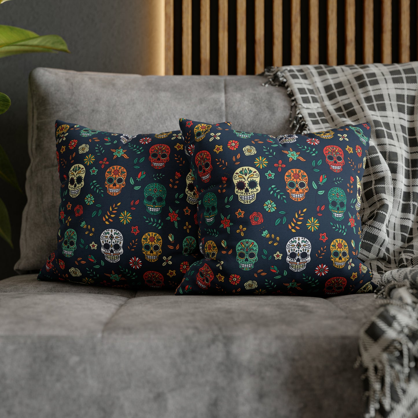 Sugar Skulls Pillowcase, Day of the Dead Pillow, Halloween Accent Blue Pillow Cover, Square Accent Pillow - HolidayShoppingFinds