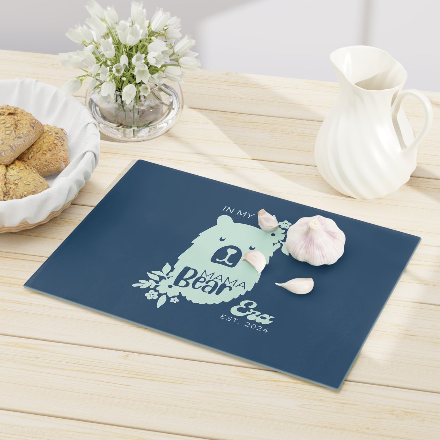 Custom Mama Bear Era Glass Cutting Board Blue, Kitchen Gift for Mom - HolidayShoppingFinds