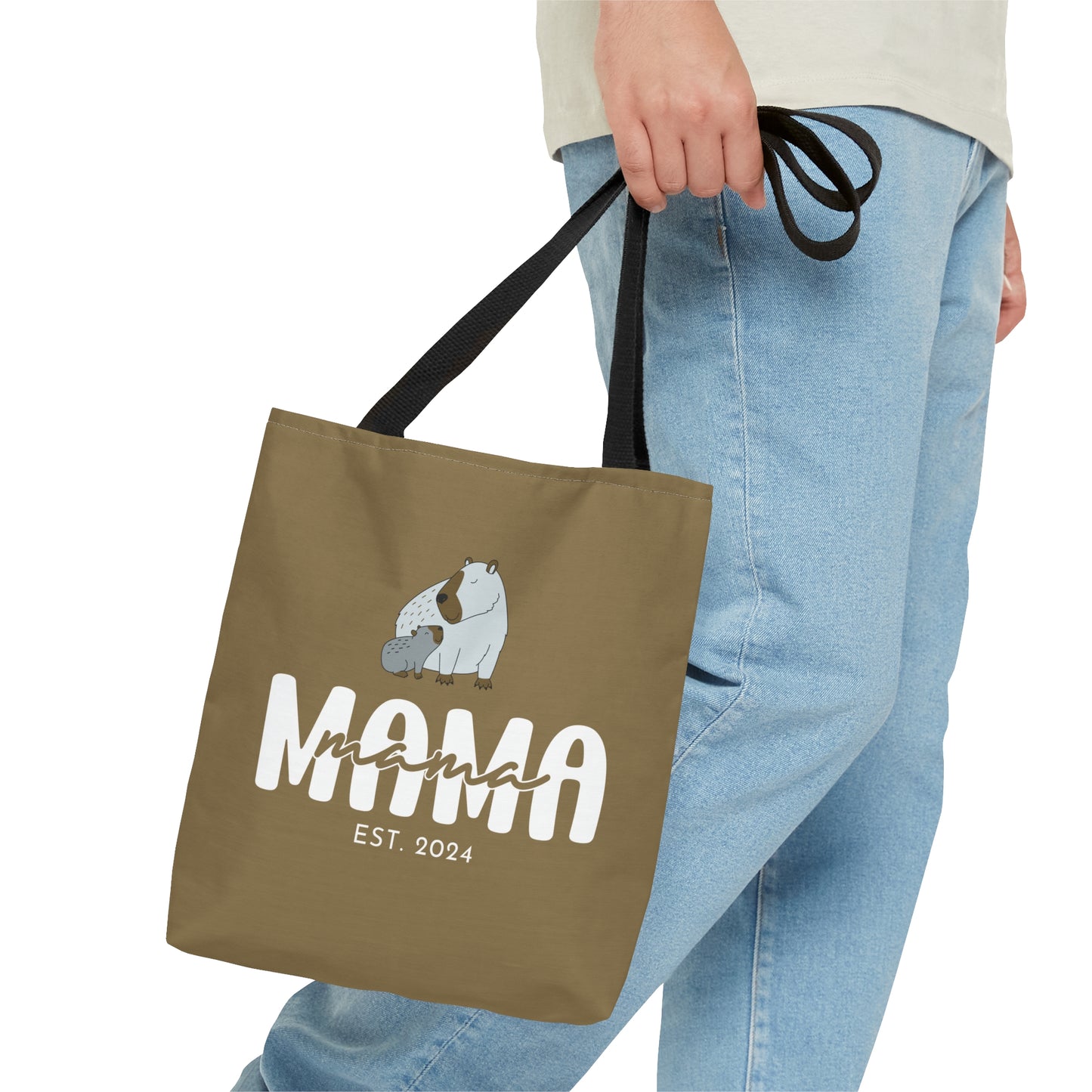 Custom Mama Capybara Tote Bag Khaki, Gift for Mom Custom Tote Bag - HolidayShoppingFinds