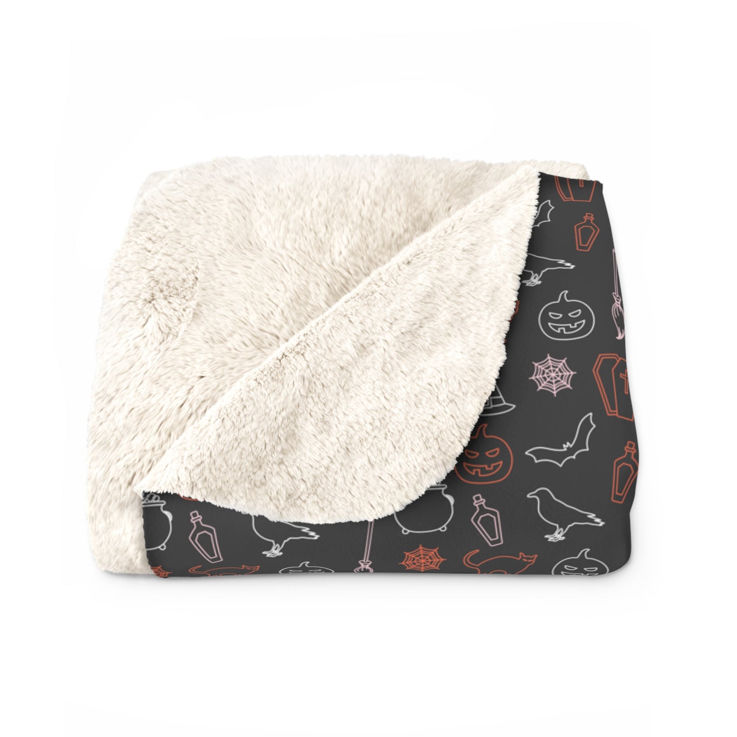 Halloween Sherpa Blanket Spooky Ghost Witch Hat Black Cat Cozy Blanket, Throw Blanket Black, Sofa Blanket - HolidayShoppingFinds