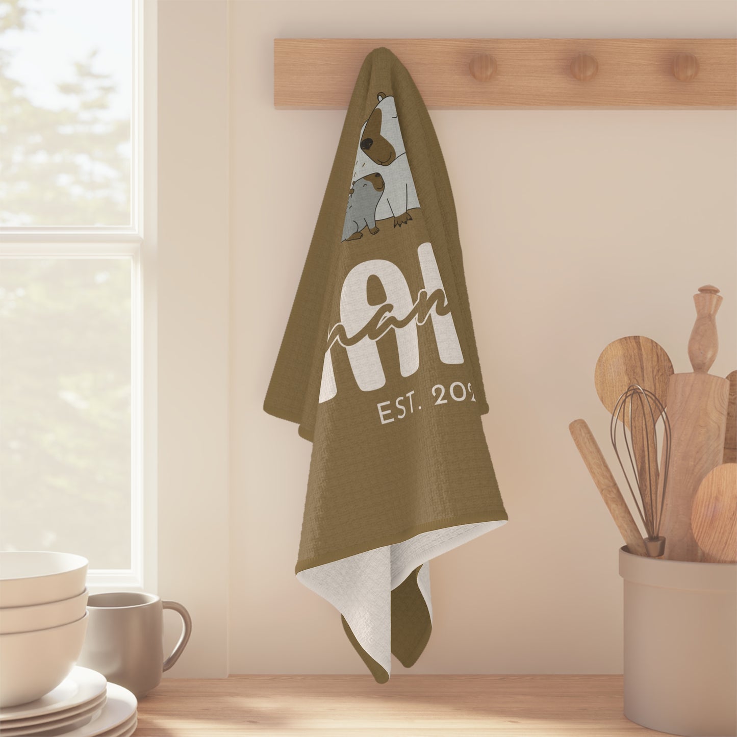 Personalized Mama Capybara KitchenTowel Khaki, Gift For Mom - HolidayShoppingFinds