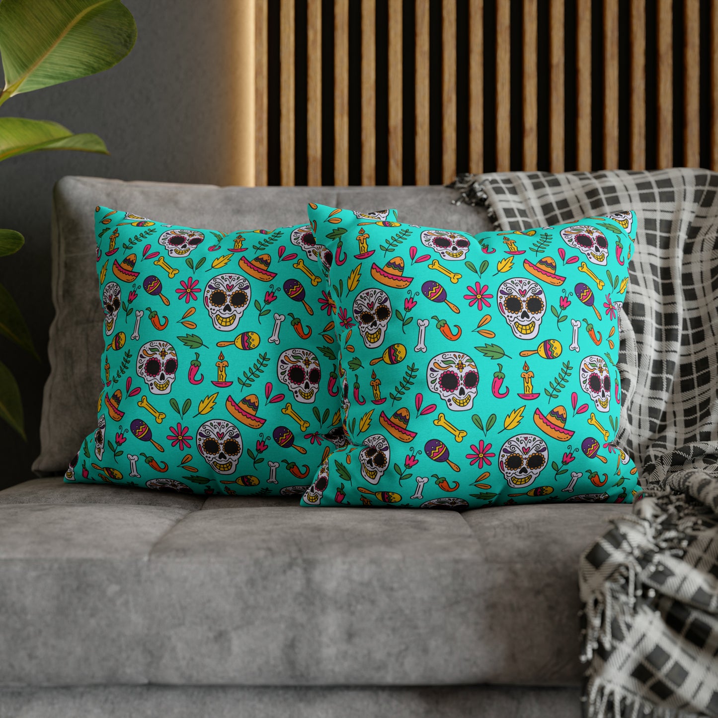 Sugar Skull Pillowcase, Day of the Dead Pillow Cover, Dia de Los Muertos Pillow, Halloween Pillow, Turquoise Decorative Square Pillow - HolidayShoppingFinds