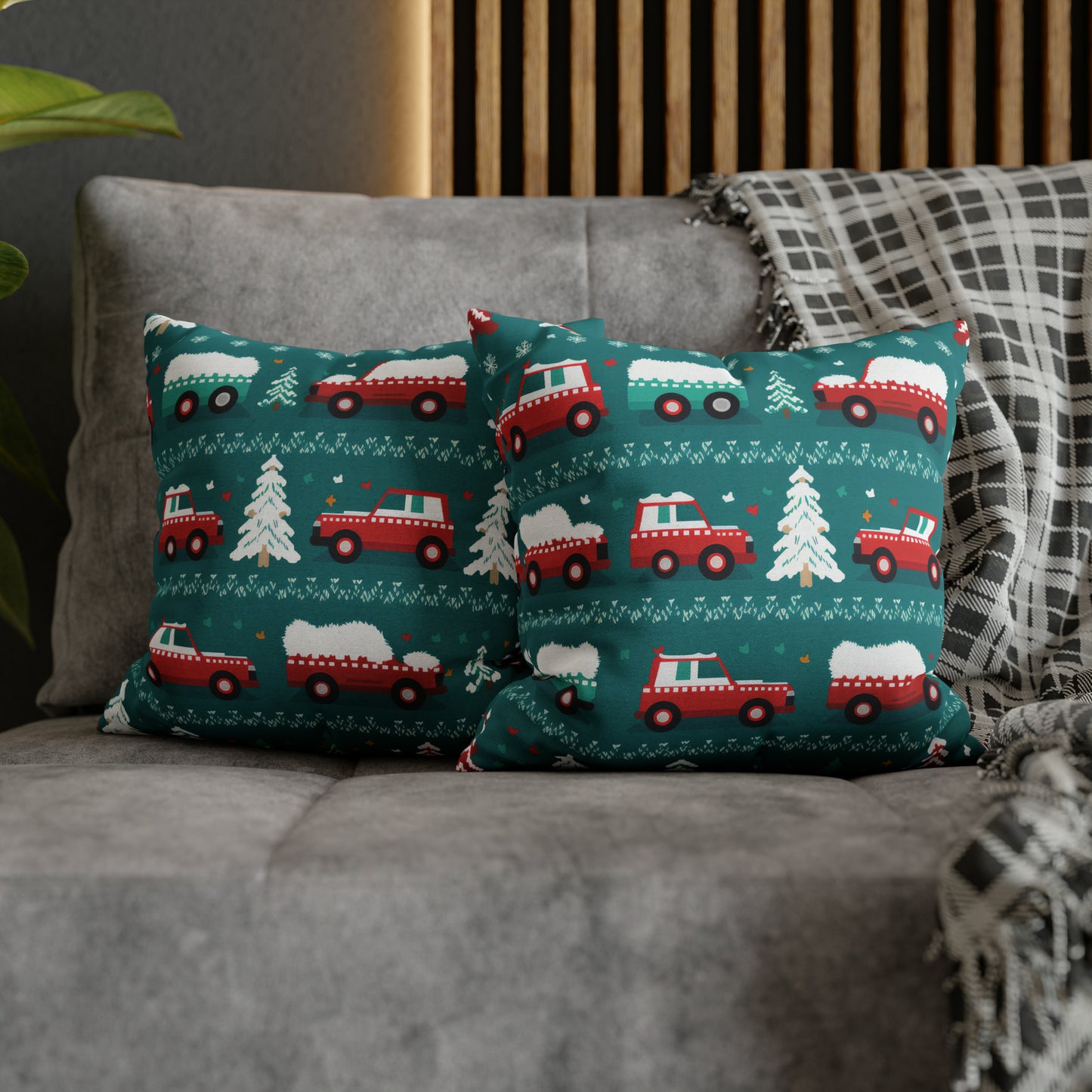 Winter Roadtrip Pillowcase, Snowy Car Teal Pillow Case Cover Vehicle-Themed Cushion Throw - HolidayShoppingFinds