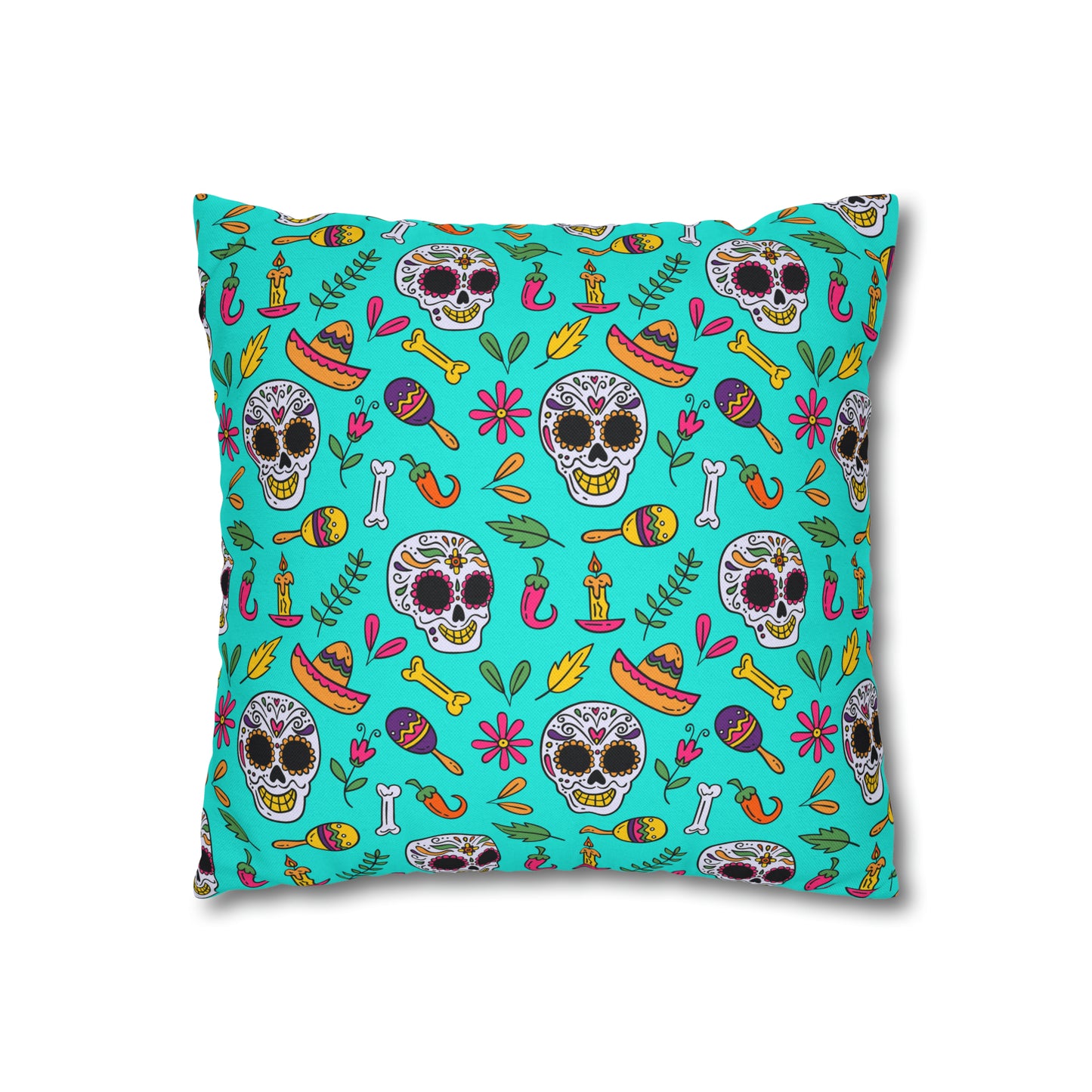 Sugar Skull Pillowcase, Day of the Dead Pillow Cover, Dia de Los Muertos Pillow, Halloween Pillow, Turquoise Decorative Square Pillow - HolidayShoppingFinds