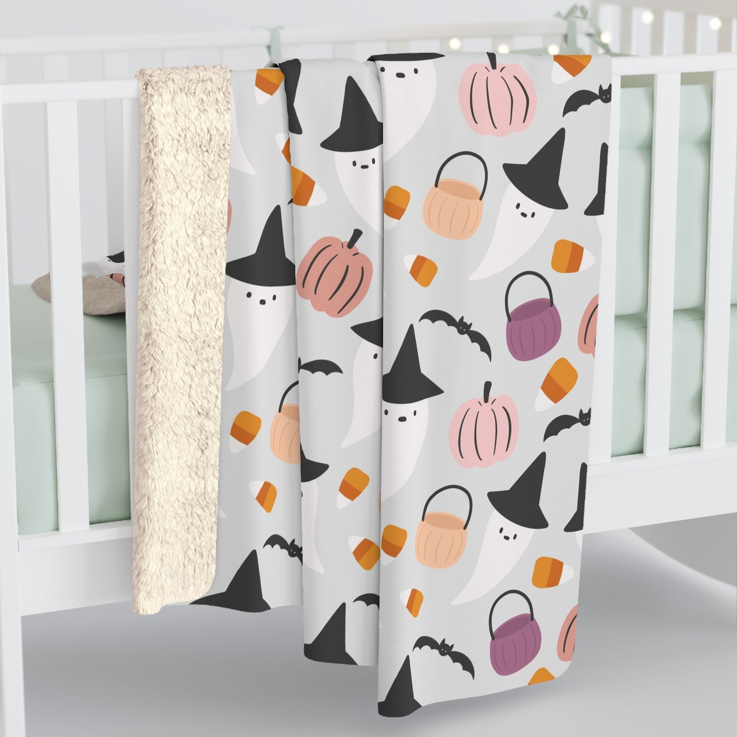Halloween Whimsical Sherpa Blanket, Ghost Pumpkin Bats Throw Blanket Gray - HolidayShoppingFinds
