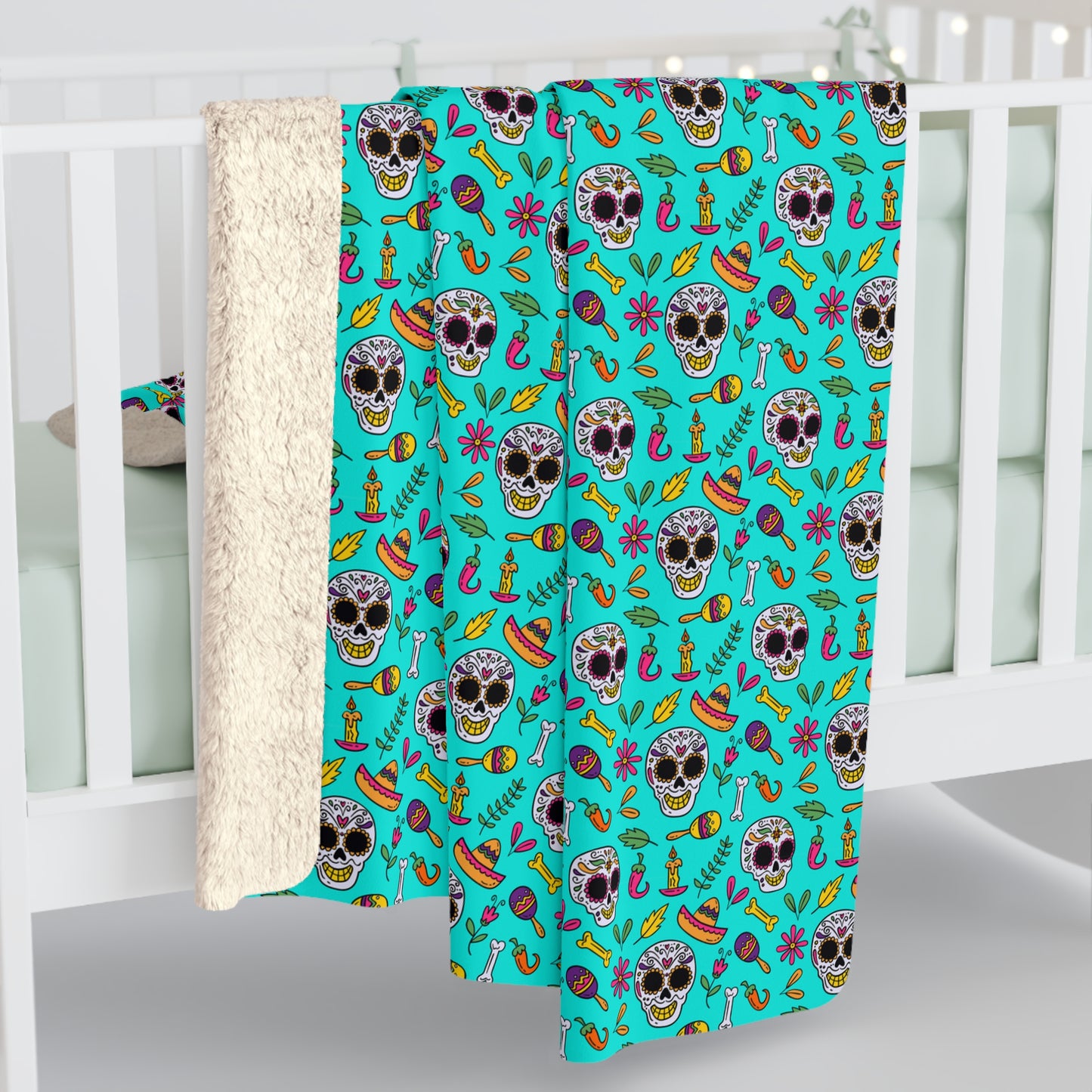 Sugar Skull Sherpa Blanket, Day of the Dead Turquoise Fleece Blanket - HolidayShoppingFinds