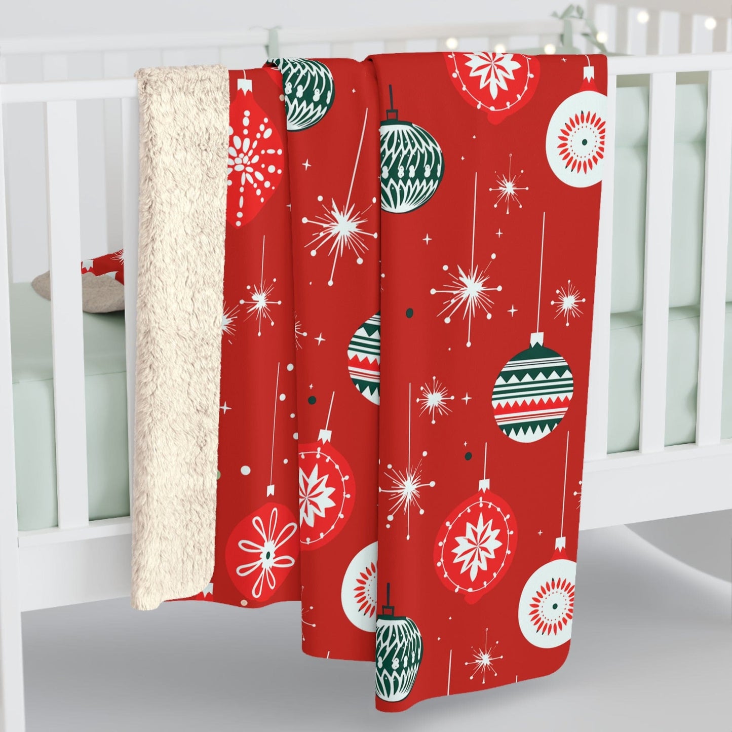 Christmas Ornaments Sherpa Blanket, Winter Holiday Red Fleece Blanket, Cozy Throw Blanket, Holiday Gift - HolidayShoppingFinds