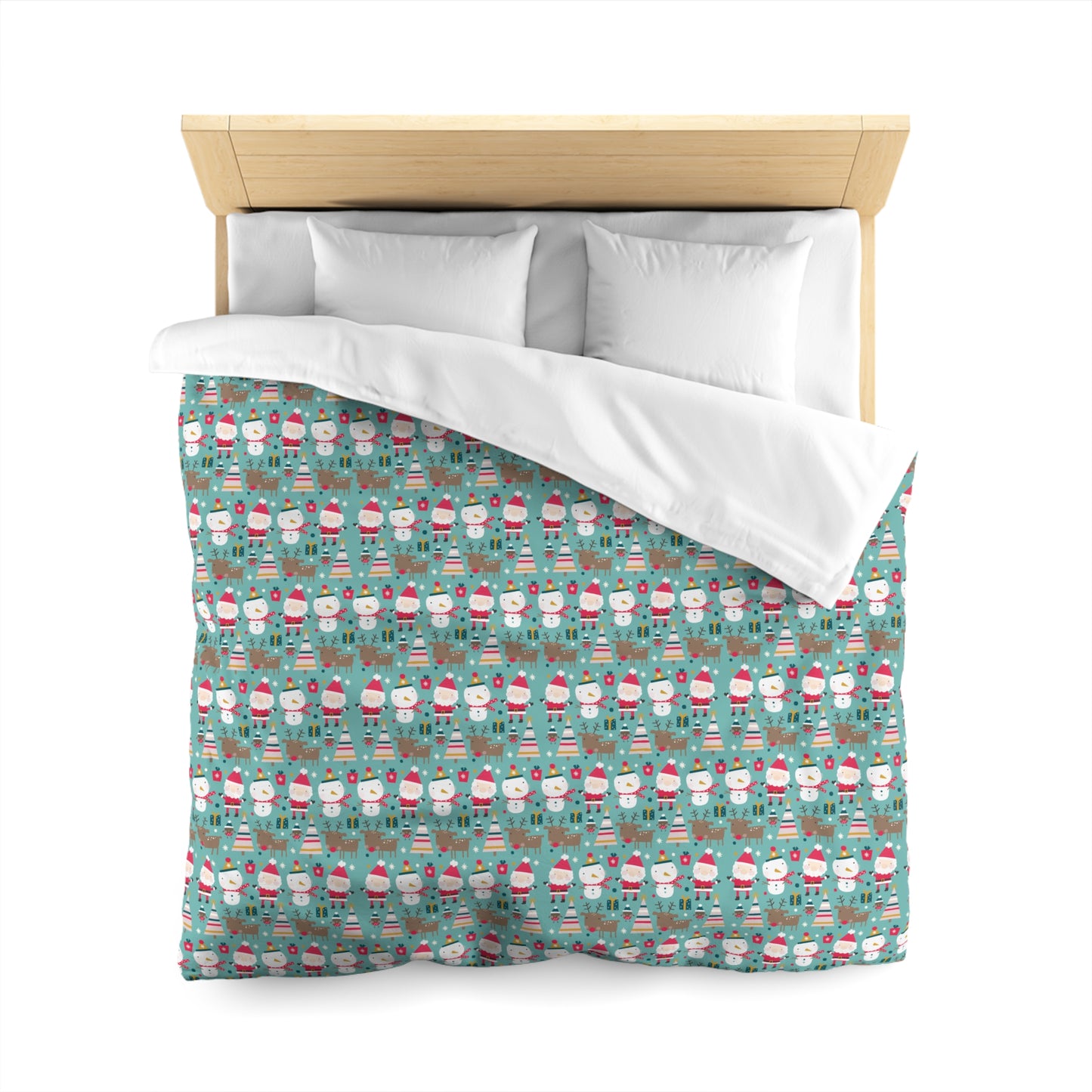 Merry Trio Green Duvet Cover with Santa, Snowman & Reindeer Twin/TwinXL/Queen/King Duvet Queen White - HolidayShoppingFinds
