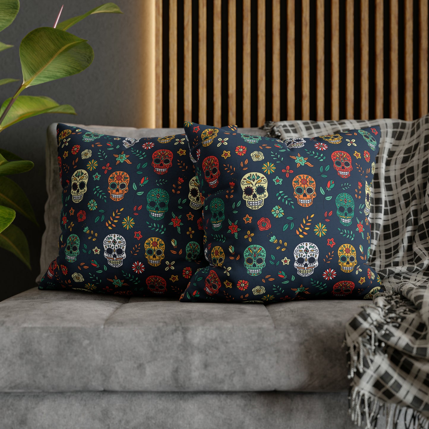 Sugar Skulls Pillowcase, Day of the Dead Pillow, Halloween Accent Blue Pillow Cover, Square Accent Pillow - HolidayShoppingFinds