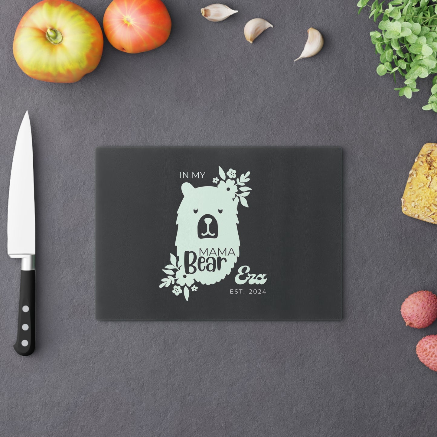 Custom Mama Bear Glass Cutting Board Grey, Kitchen Gift for Mom - HolidayShoppingFinds
