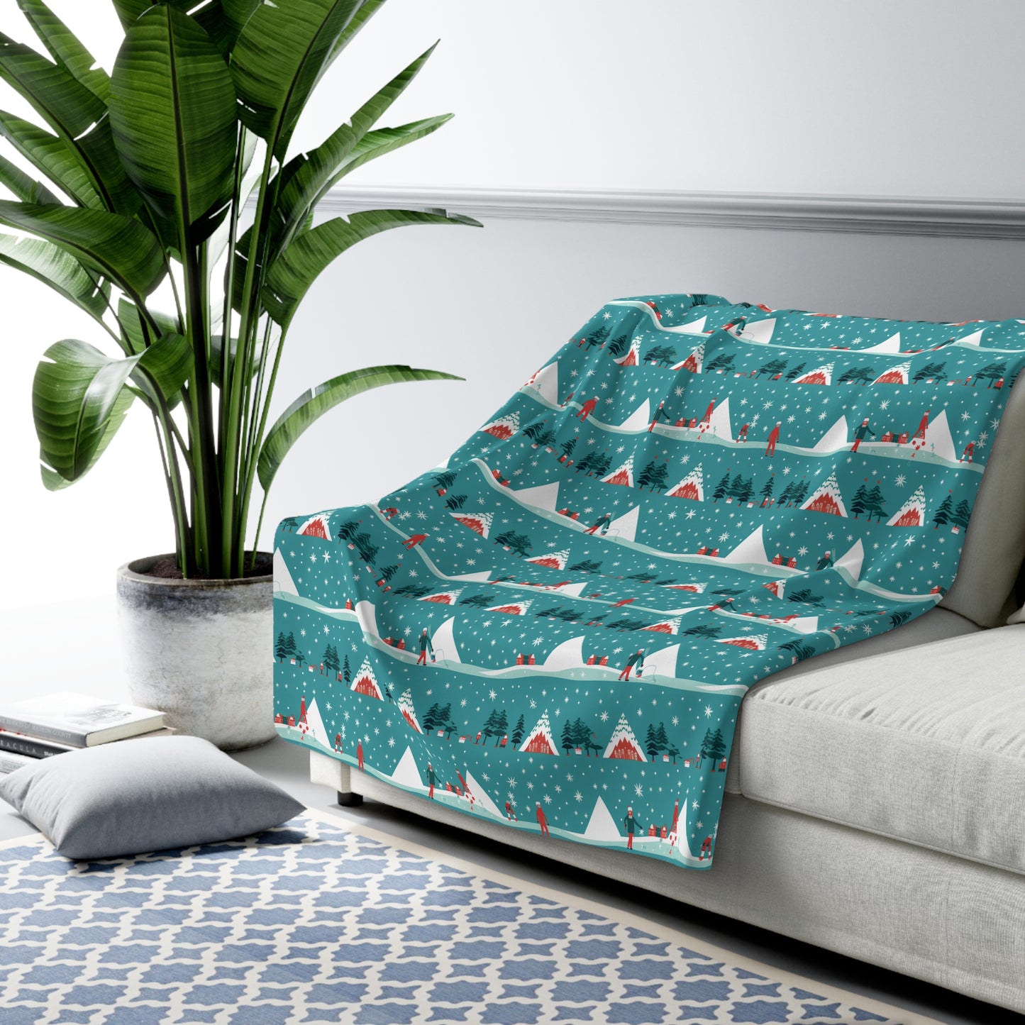 Winter Wonderland Sherpa Blanket, Holiday Mountain Cabin Blanket Teal, Cozy Throw Blanket, Holiday Gift 60" × 80" - HolidayShoppingFinds