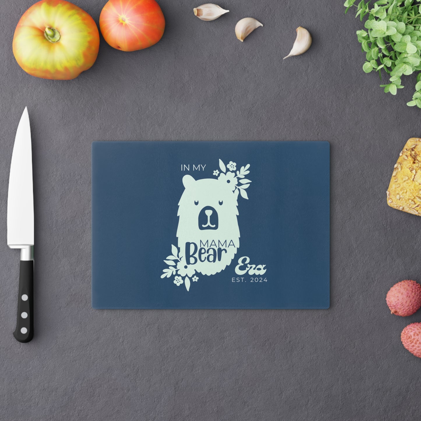 Custom Mama Bear Era Glass Cutting Board Blue, Kitchen Gift for Mom - HolidayShoppingFinds