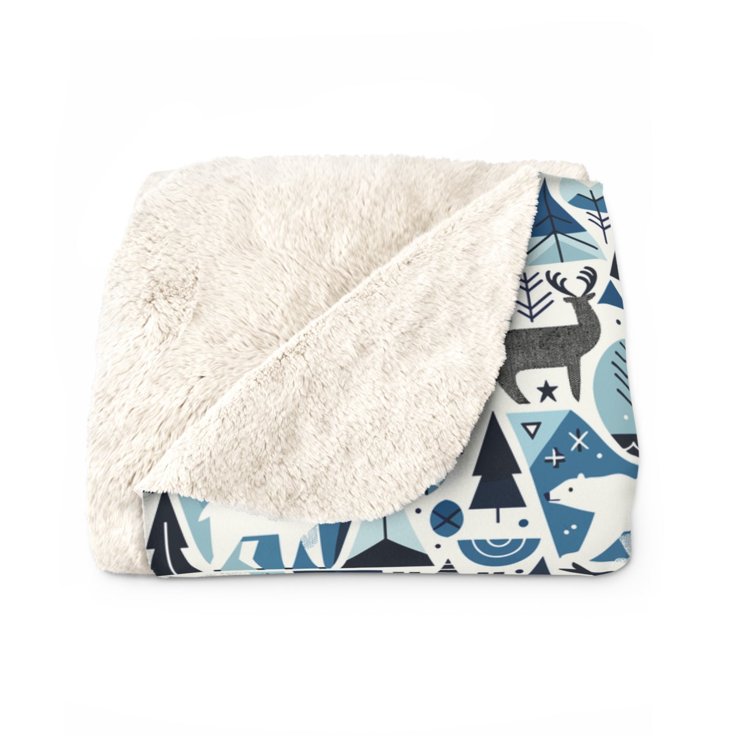 Frozen Forrest Sherpa Fleece Blanket, Abstract Blue Blanket with Bears, Deers, Birds, Trees - HolidayShoppingFinds