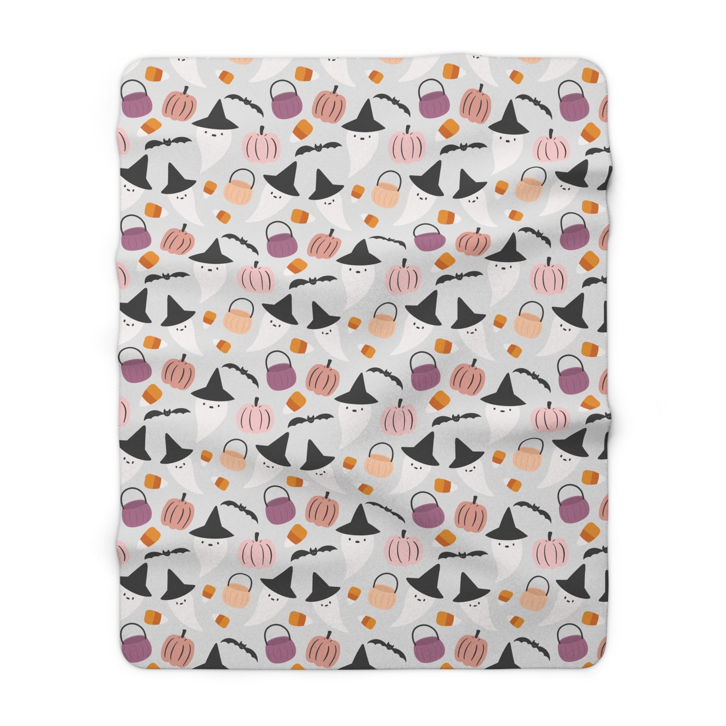 Halloween Whimsical Sherpa Blanket, Ghost Pumpkin Bats Throw Blanket Gray - HolidayShoppingFinds