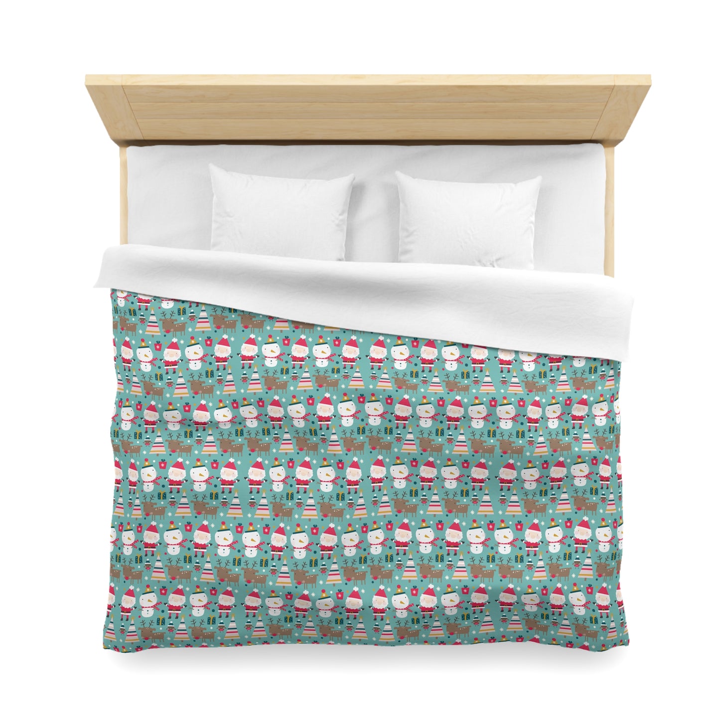Merry Trio Green Duvet Cover with Santa, Snowman & Reindeer Twin/TwinXL/Queen/King Duvet King White - HolidayShoppingFinds