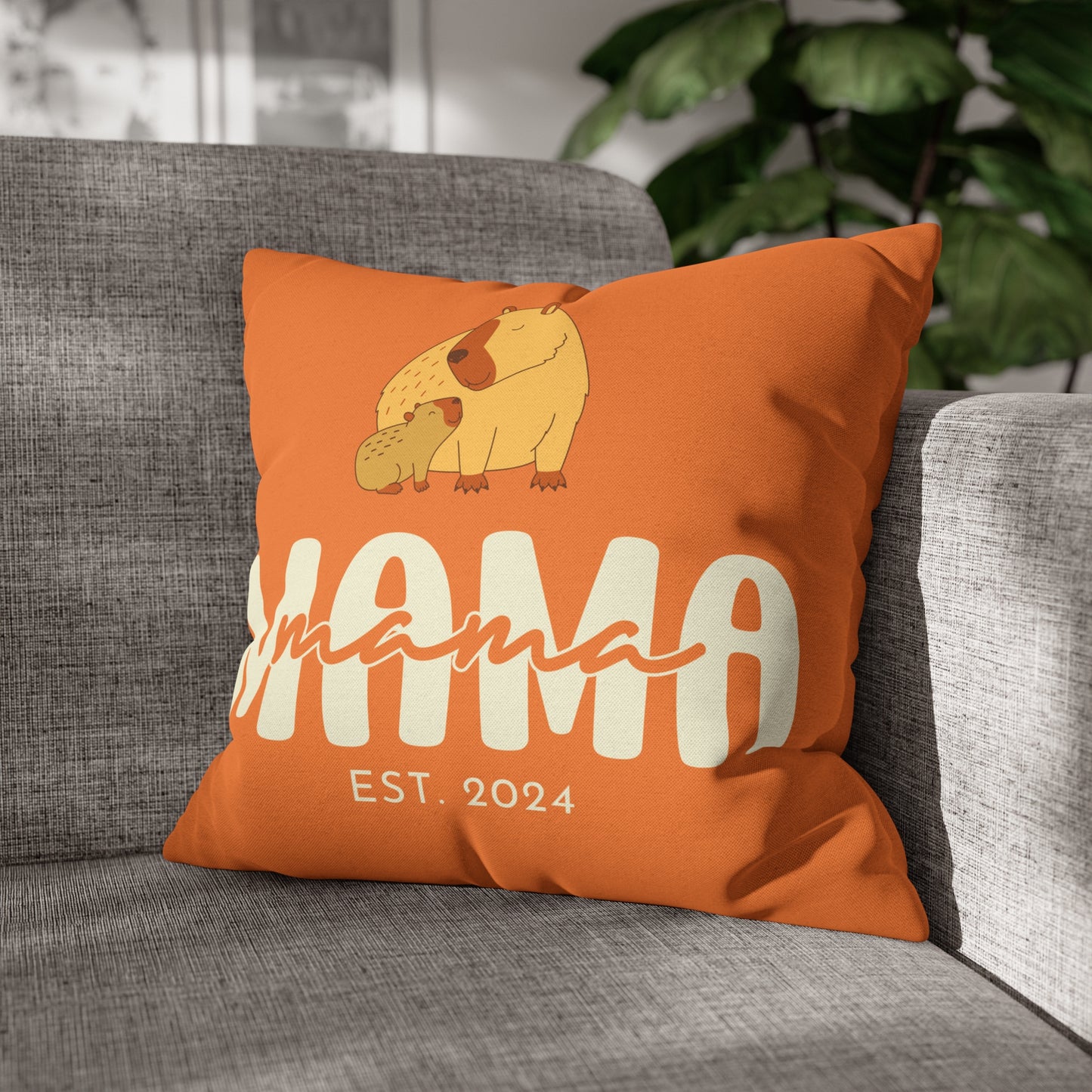 Personalized Mama Capybara Pillowcase Orange, Gift For Mom 18" × 18" - HolidayShoppingFinds