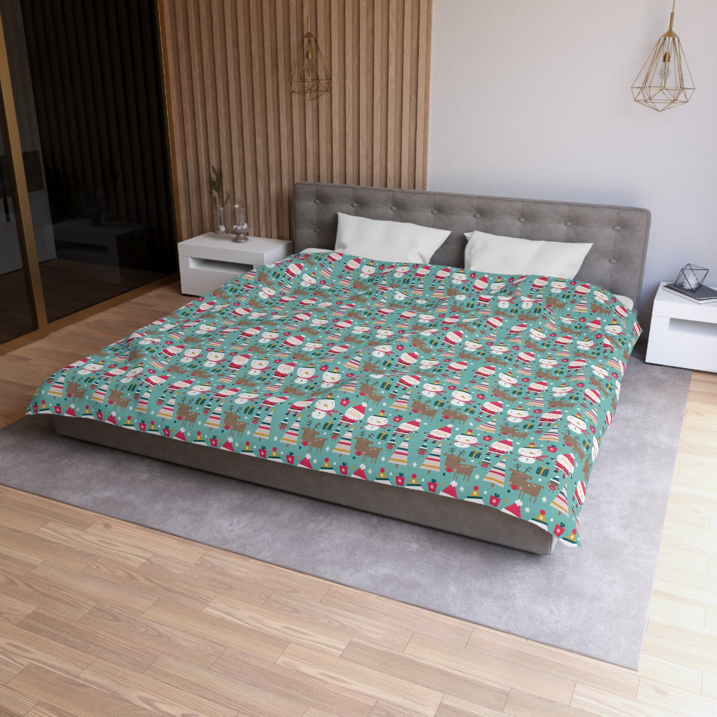 Merry Trio Green Duvet Cover with Santa, Snowman & Reindeer Twin/TwinXL/Queen/King Duvet - HolidayShoppingFinds