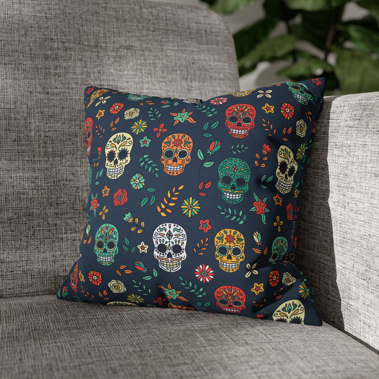 Sugar Skulls Pillowcase, Day of the Dead Pillow, Halloween Accent Blue Pillow Cover, Square Accent Pillow 14" × 14" - HolidayShoppingFinds