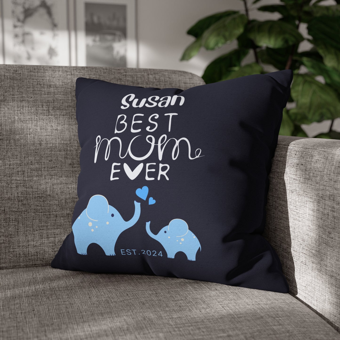 Personalized Best Mom Ever Gift Pillowcase, Gift for Mom, Elephants Blue Pillow Cover 20" × 20" - HolidayShoppingFinds