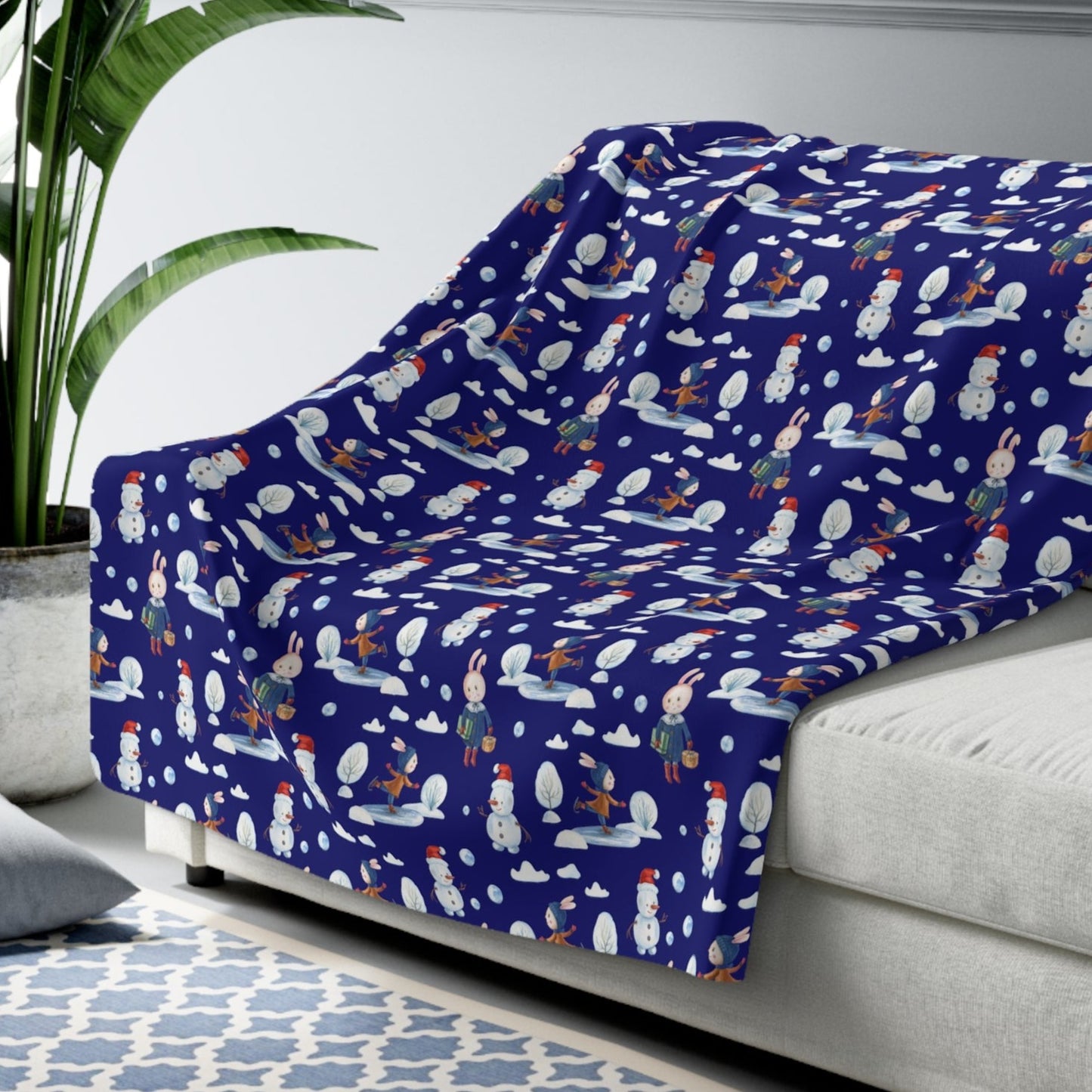 Snowman Sherpa Blanket Holiday Decor Throw Blanket Winter Blue Blanket 60" × 80" - HolidayShoppingFinds