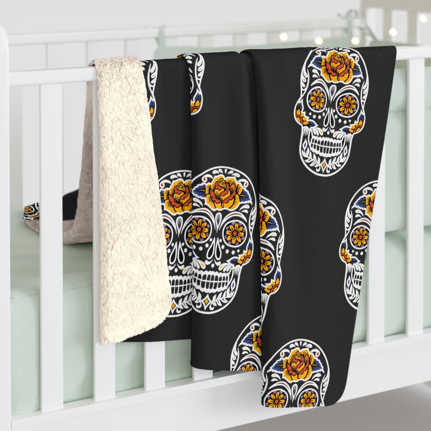 Sugar Skull Sherpa Blanket, Day of the Dead Blanket, Halloween B&W Throw Blanket - HolidayShoppingFinds