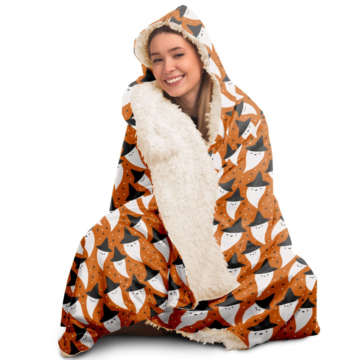 Halloween Spooky Ghosts Pattern Orange Hooded Blanket - HolidayShoppingFinds
