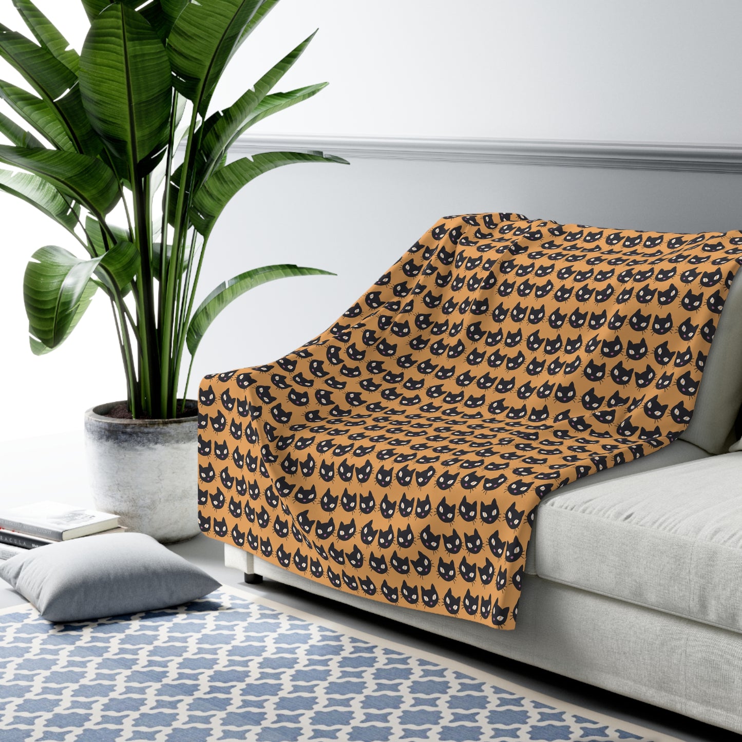 Black Cat Sherpa Blanket, Halloween Cat Lover Orange Throw Blanket, Cute Cats Sofa Blanket 60" × 80" - HolidayShoppingFinds