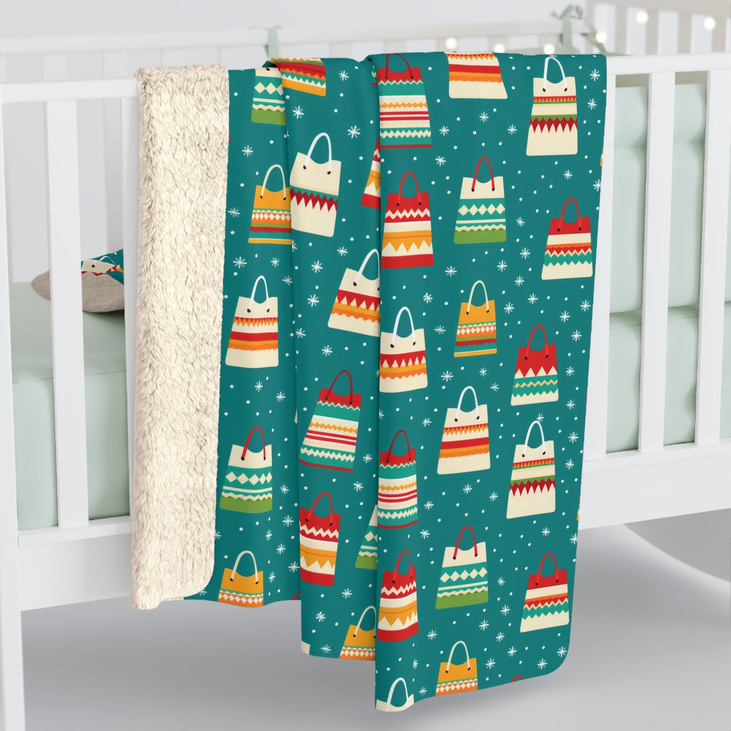 Holiday Shopaholic Gift Blanket Festive Shopping Sherpa Fleece Blanket Teal, Cozy Throw Blanket, Holiday Gift - HolidayShoppingFinds