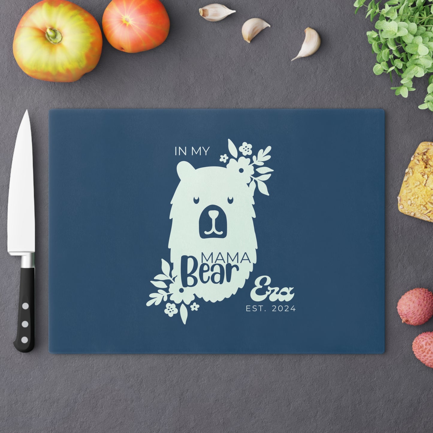 Custom Mama Bear Era Glass Cutting Board Blue, Kitchen Gift for Mom - HolidayShoppingFinds