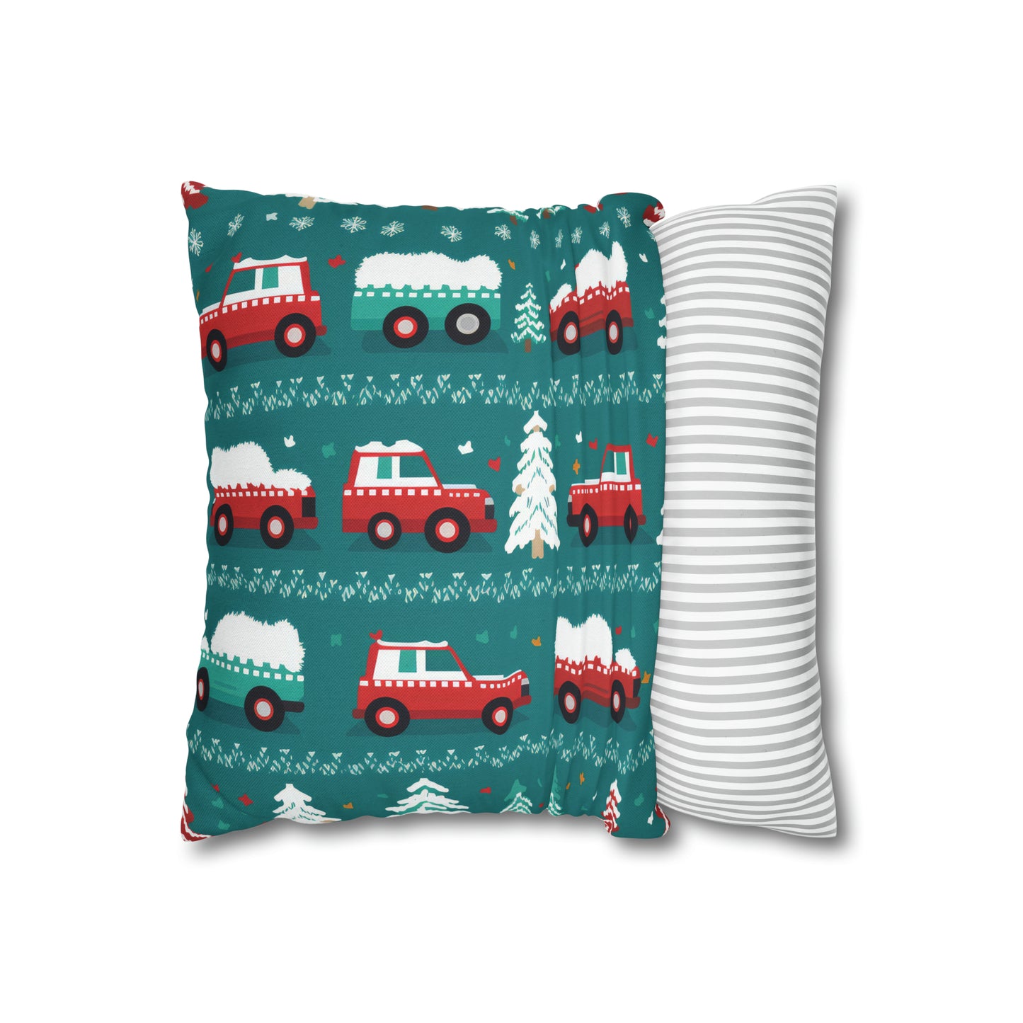 Winter Roadtrip Pillowcase, Snowy Car Teal Pillow Case Cover Vehicle-Themed Cushion Throw - HolidayShoppingFinds
