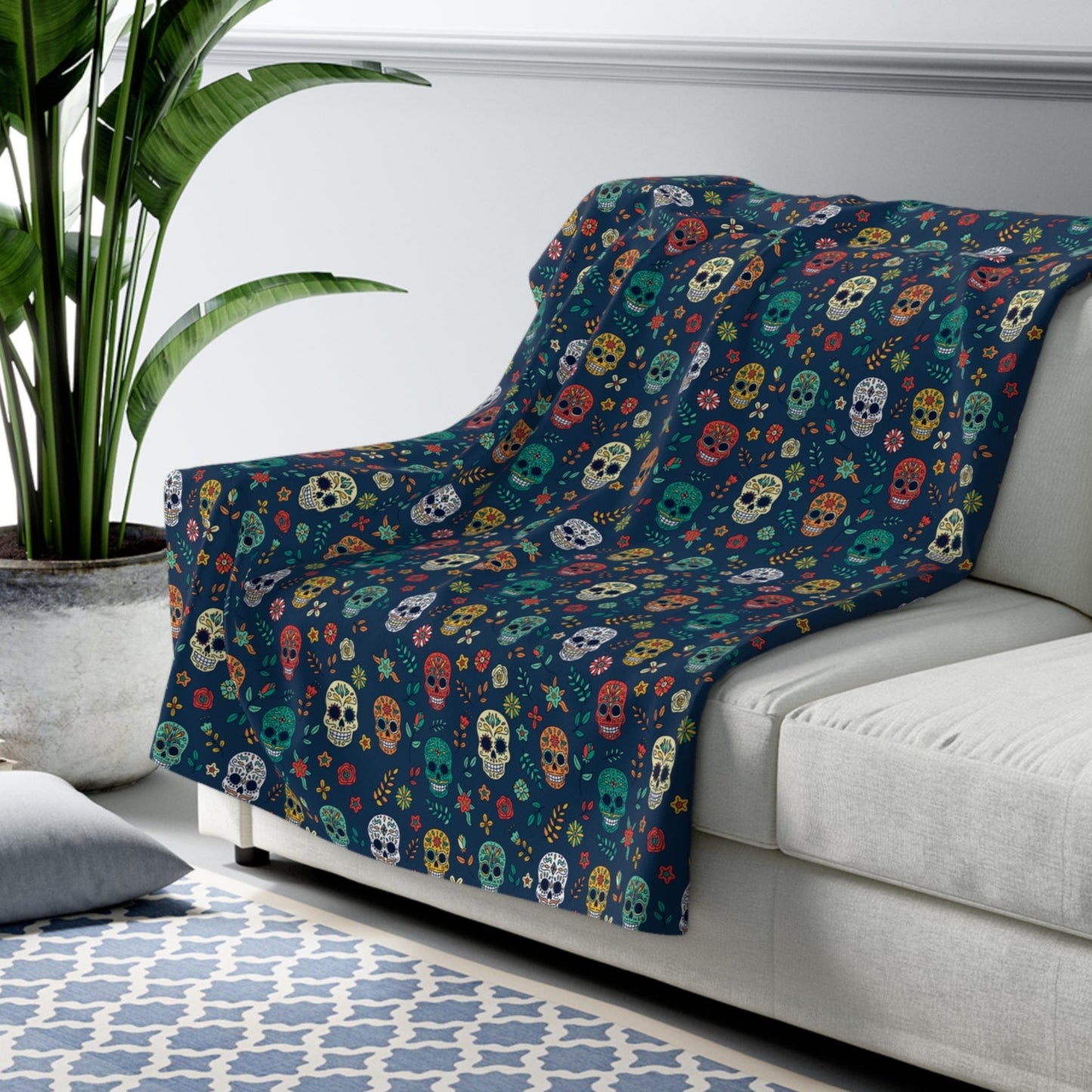 Sugar Skull Sherpa Blanket, Day of the Dead Halloween Blanket, Blue Throw Blanket, Cozy Sofa Blanket 50" × 60" - HolidayShoppingFinds