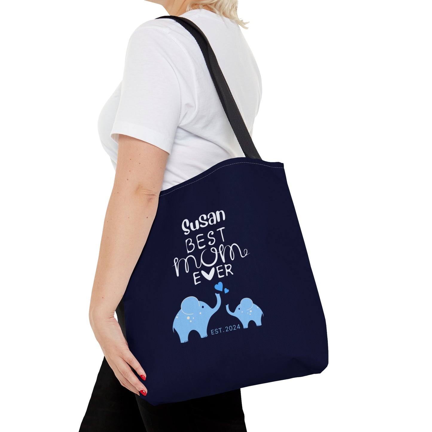 Personalized Best Mom Ever Tote Bag Gift for Mom, Baby Elephants Blue Tote - HolidayShoppingFinds
