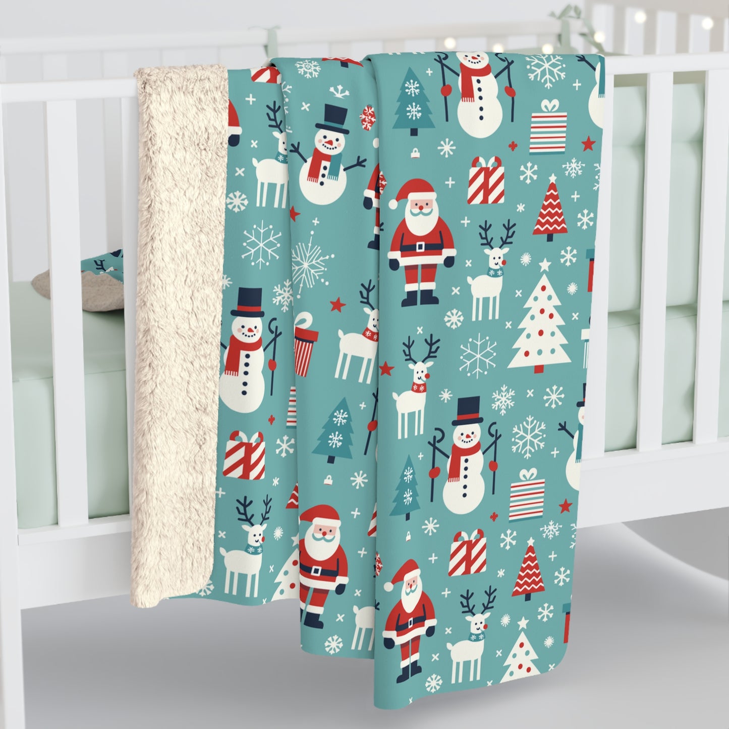 Merry Christmas Sherpa Fleece Blanket, Santa Snowman Reindeer Blanket, Teal Throw Blanket - HolidayShoppingFinds