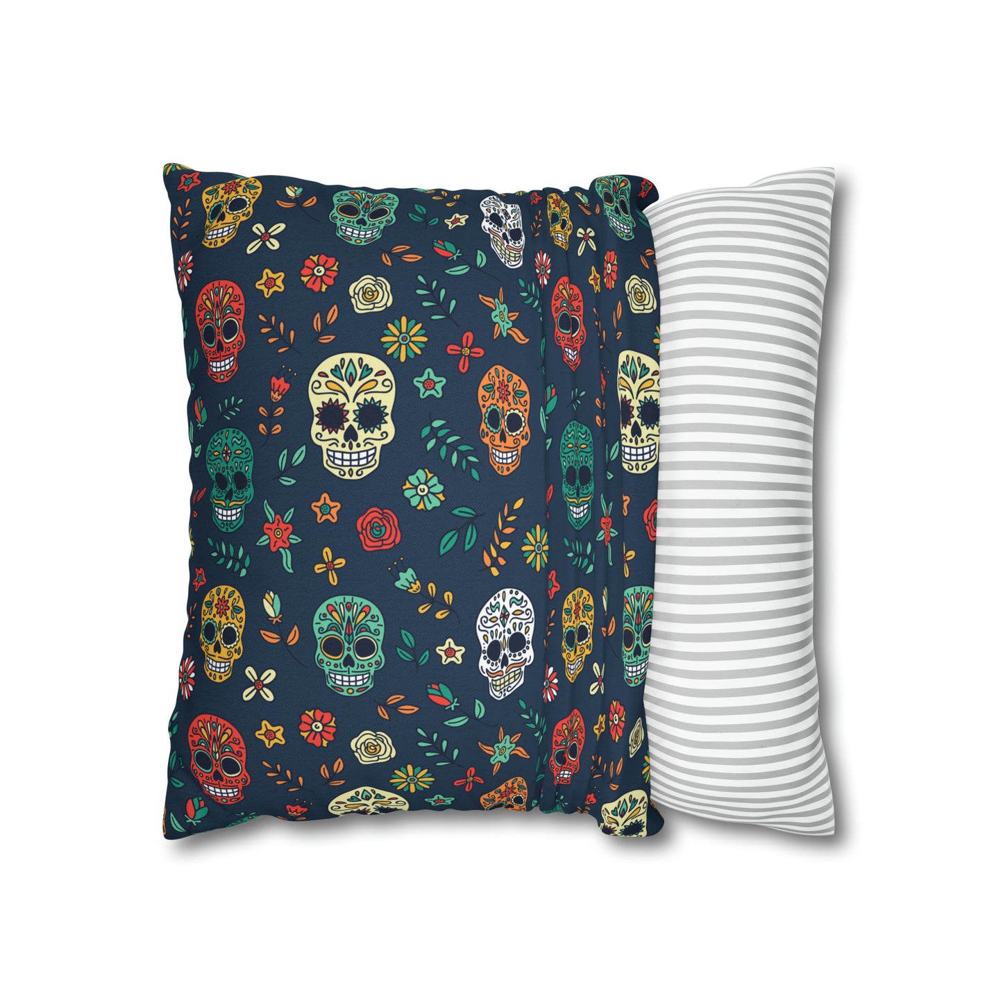 Sugar Skulls Pillowcase, Day of the Dead Pillow, Halloween Accent Blue Pillow Cover, Square Accent Pillow - HolidayShoppingFinds
