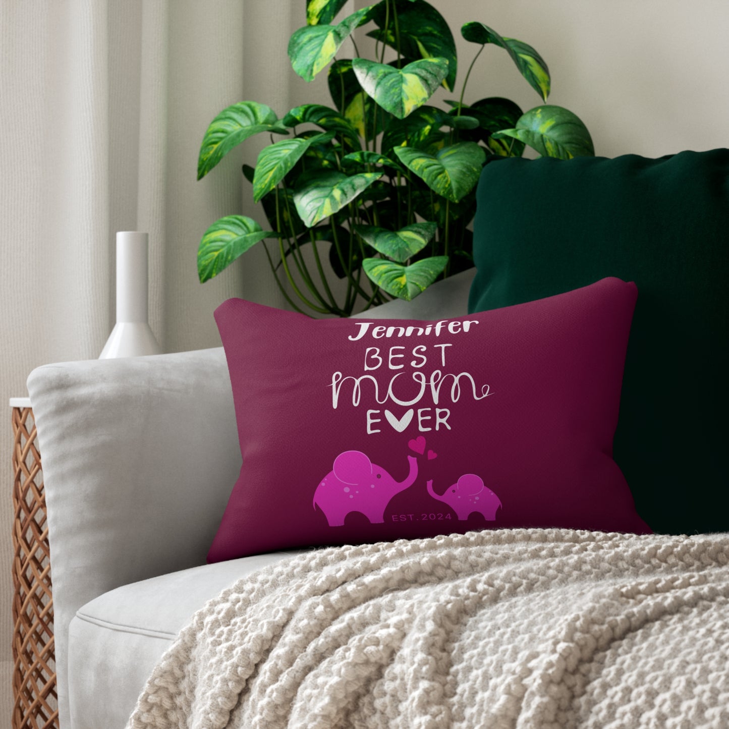 Personalized Best Mom Ever Lumbar Pillow Pink, Gift for Mom, Mom Baby Elephants - HolidayShoppingFinds