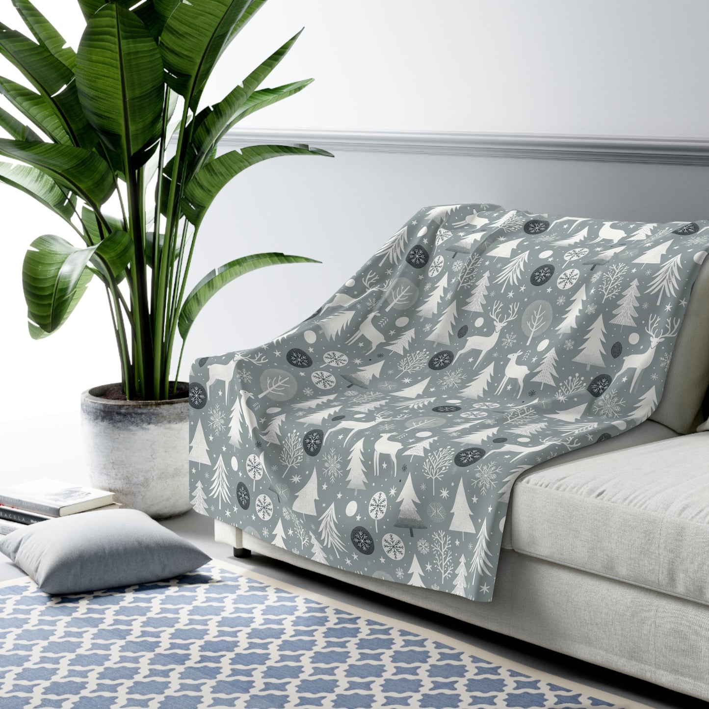Reindeer Winter Wonderland Blanket, Gray Sherpa Throw, Christmas Gift 60" × 80" - HolidayShoppingFinds