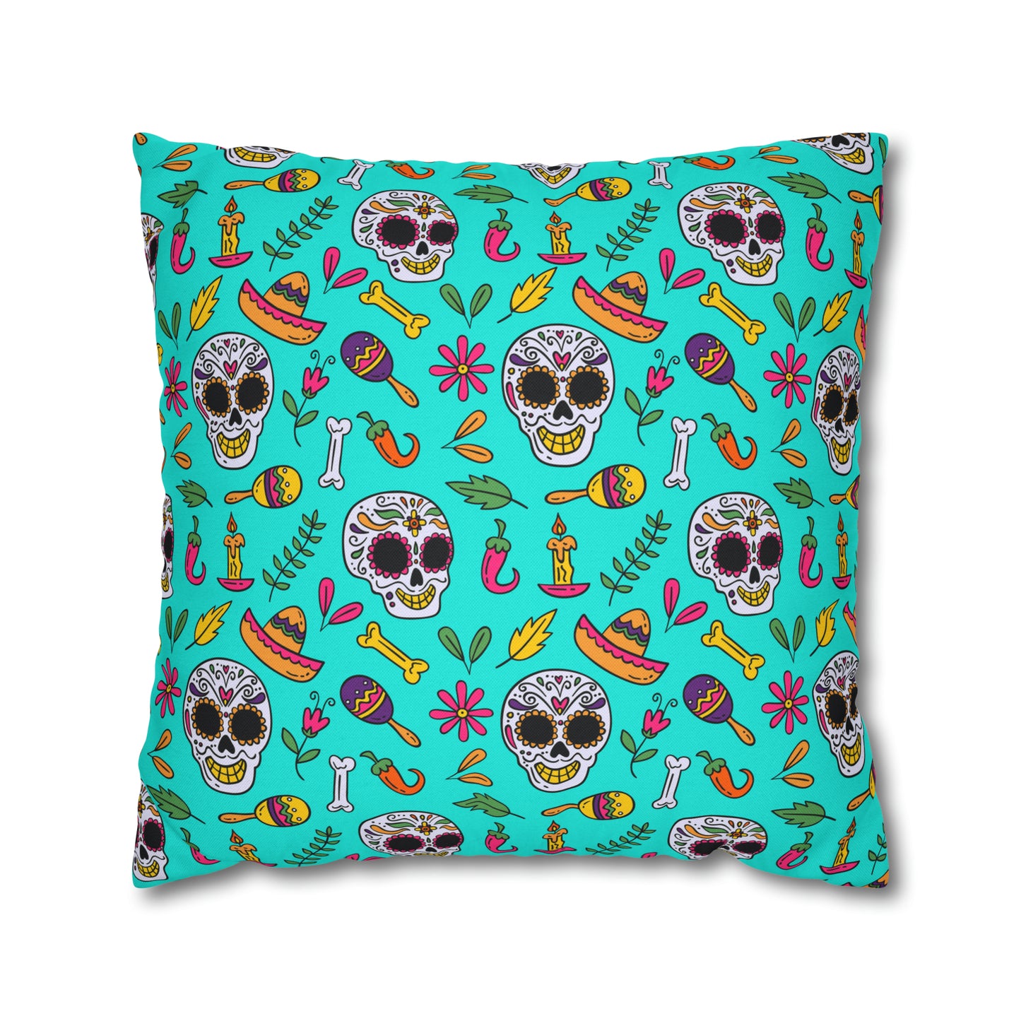 Sugar Skull Pillowcase, Day of the Dead Pillow Cover, Dia de Los Muertos Pillow, Halloween Pillow, Turquoise Decorative Square Pillow - HolidayShoppingFinds