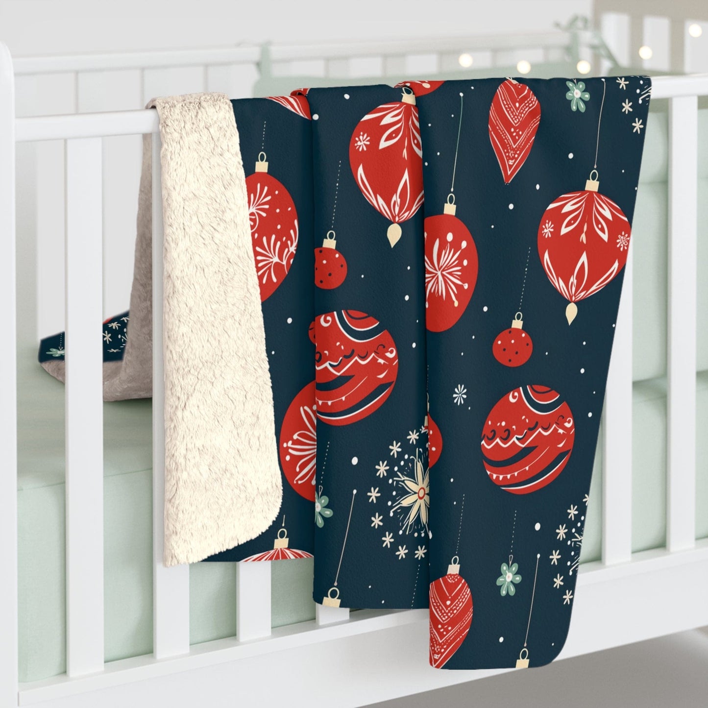 Christmas Ornaments Blanket, Winter Holiday Red Festive Sherpa Fleece Blanket, Cozy Throw Blanket, Holiday Gift - HolidayShoppingFinds