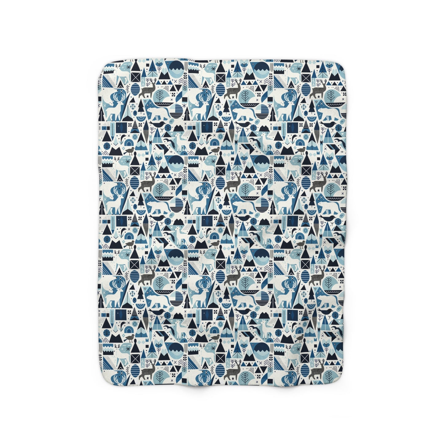 Frozen Forrest Sherpa Fleece Blanket, Abstract Blue Blanket with Bears, Deers, Birds, Trees - HolidayShoppingFinds