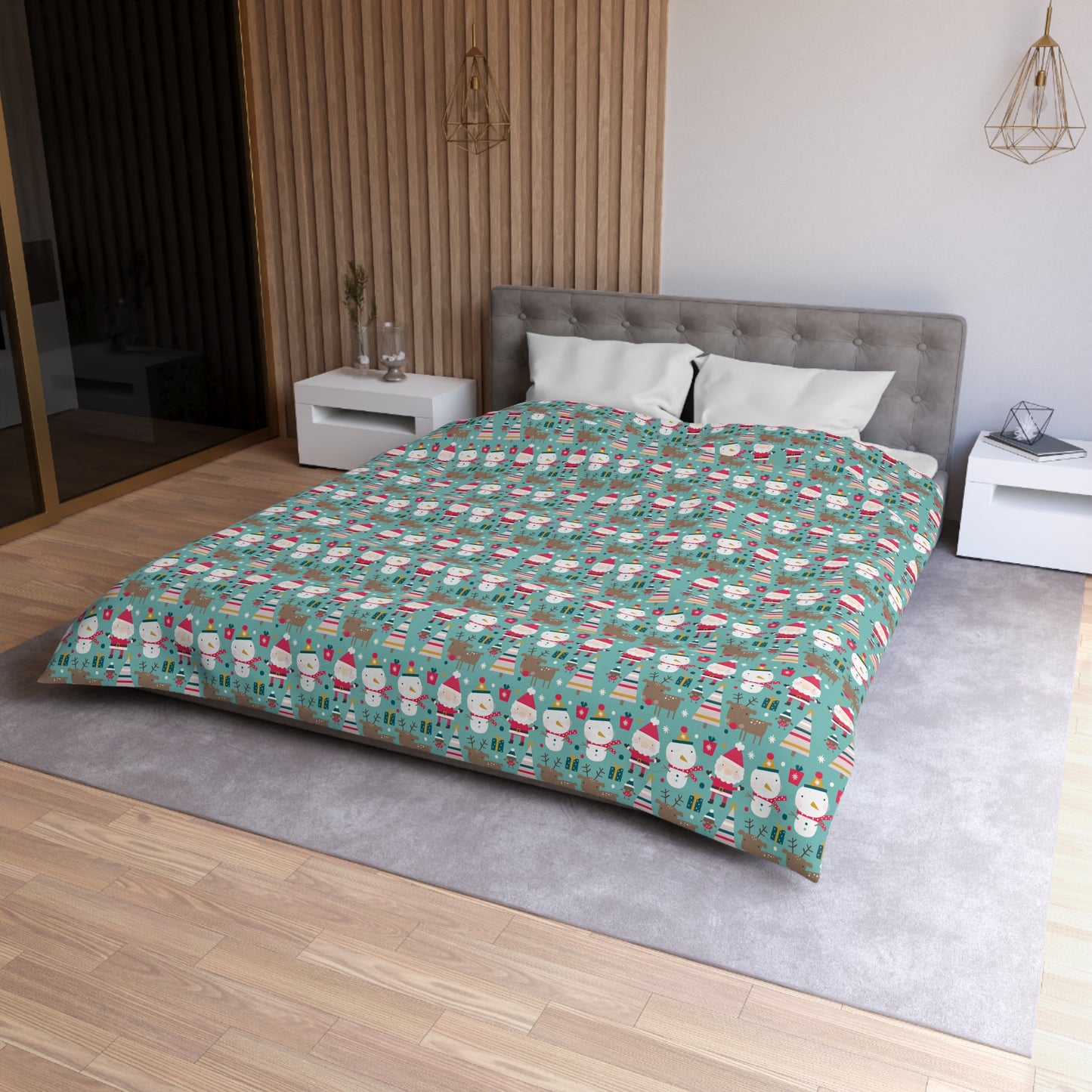 Merry Trio Green Duvet Cover with Santa, Snowman & Reindeer Twin/TwinXL/Queen/King Duvet - HolidayShoppingFinds