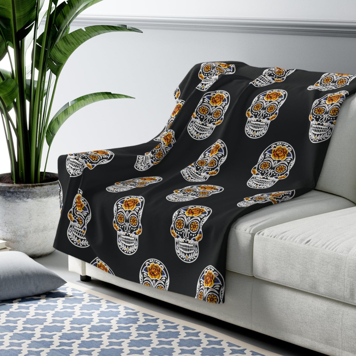 Sugar Skull Sherpa Blanket, Day of the Dead Blanket, Halloween B&W Throw Blanket 50" × 60" - HolidayShoppingFinds