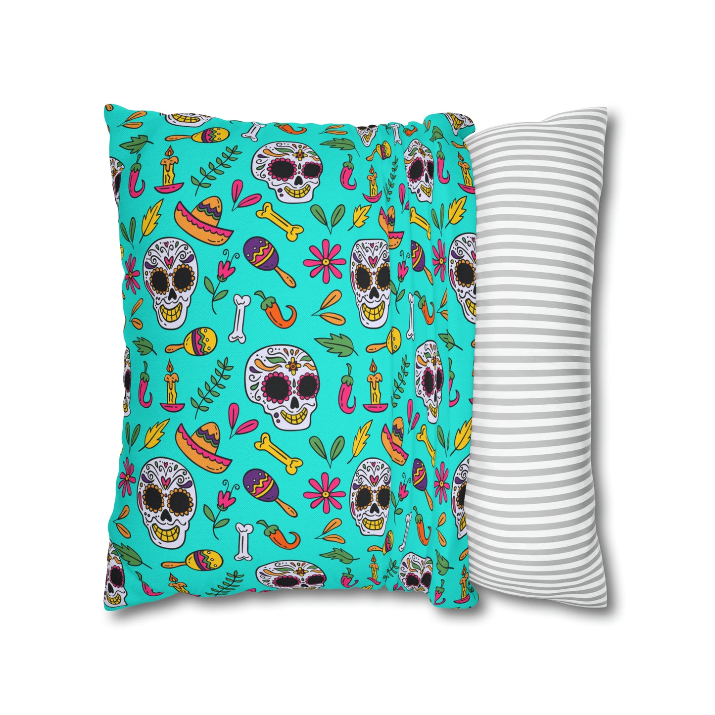 Sugar Skull Pillowcase, Day of the Dead Pillow Cover, Dia de Los Muertos Pillow, Halloween Pillow, Turquoise Decorative Square Pillow - HolidayShoppingFinds