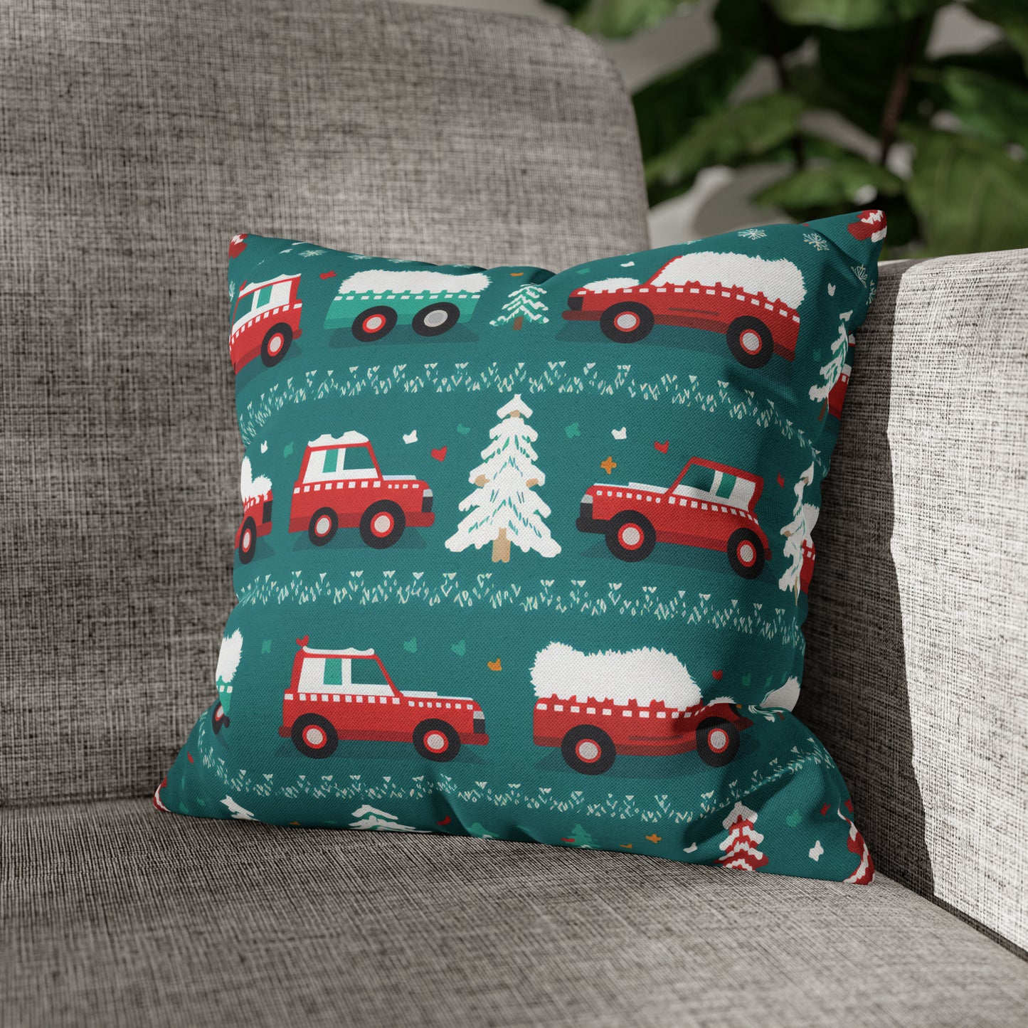 Winter Roadtrip Pillowcase, Snowy Car Teal Pillow Case Cover Vehicle-Themed Cushion Throw 14" × 14" - HolidayShoppingFinds