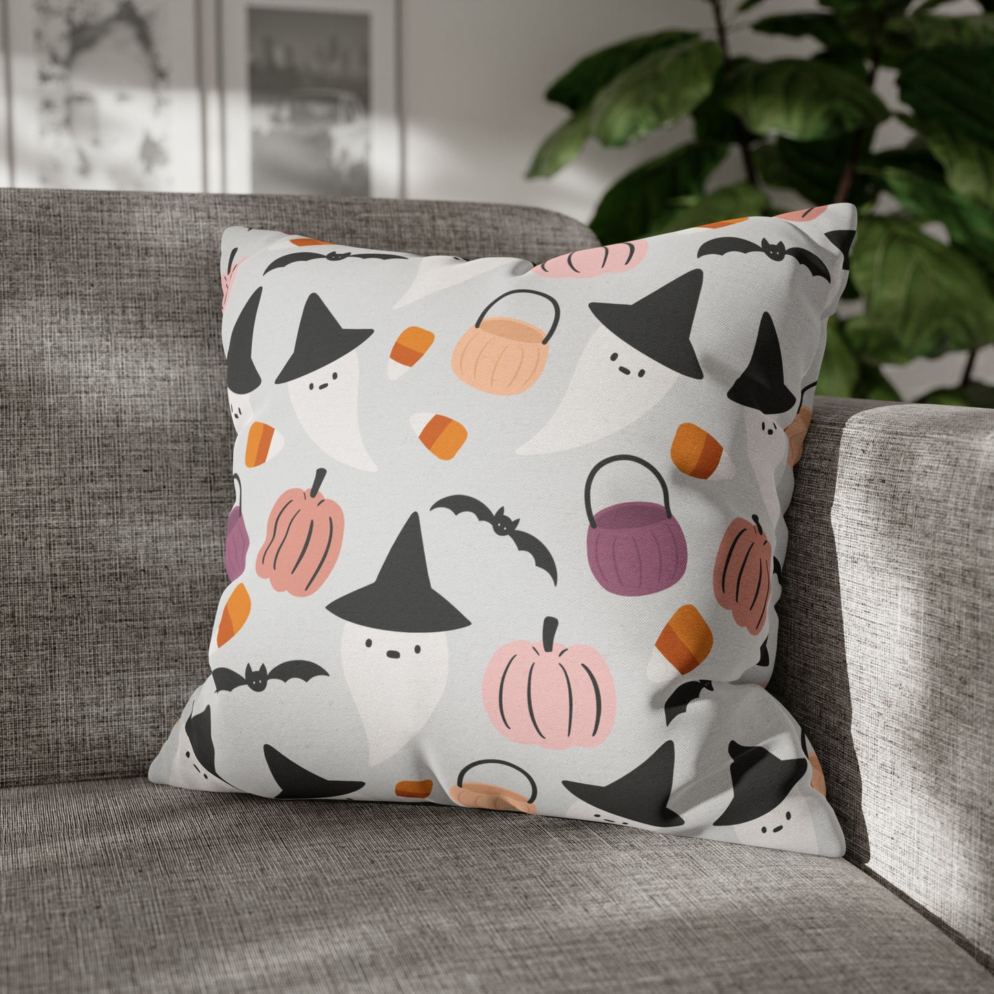 Whimsical Pillowcase, Halloween Ghost Bats Witch Hat Pumpkin Gray Pillow - HolidayShoppingFinds