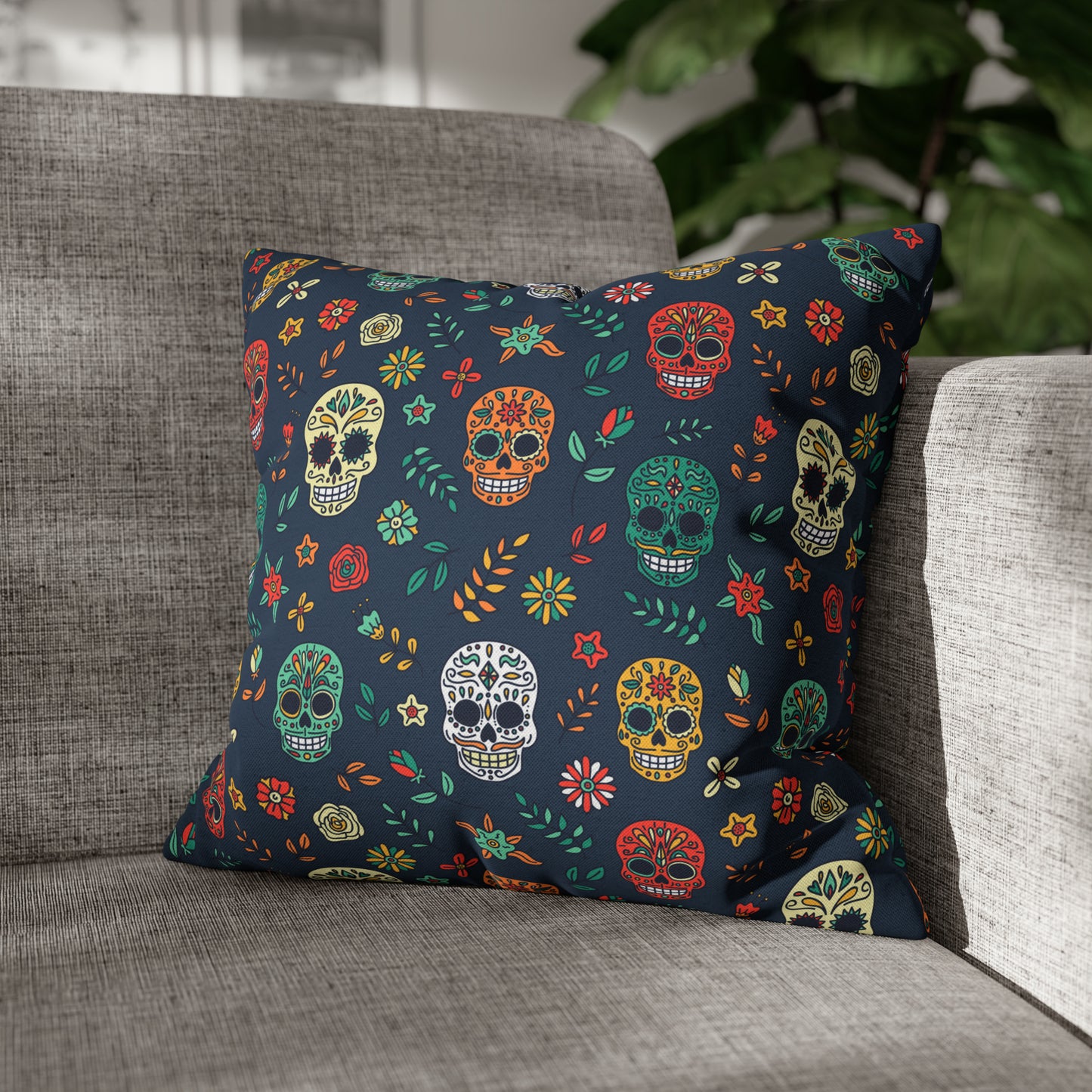 Sugar Skulls Pillowcase, Day of the Dead Pillow, Halloween Accent Blue Pillow Cover, Square Accent Pillow 16" × 16" - HolidayShoppingFinds